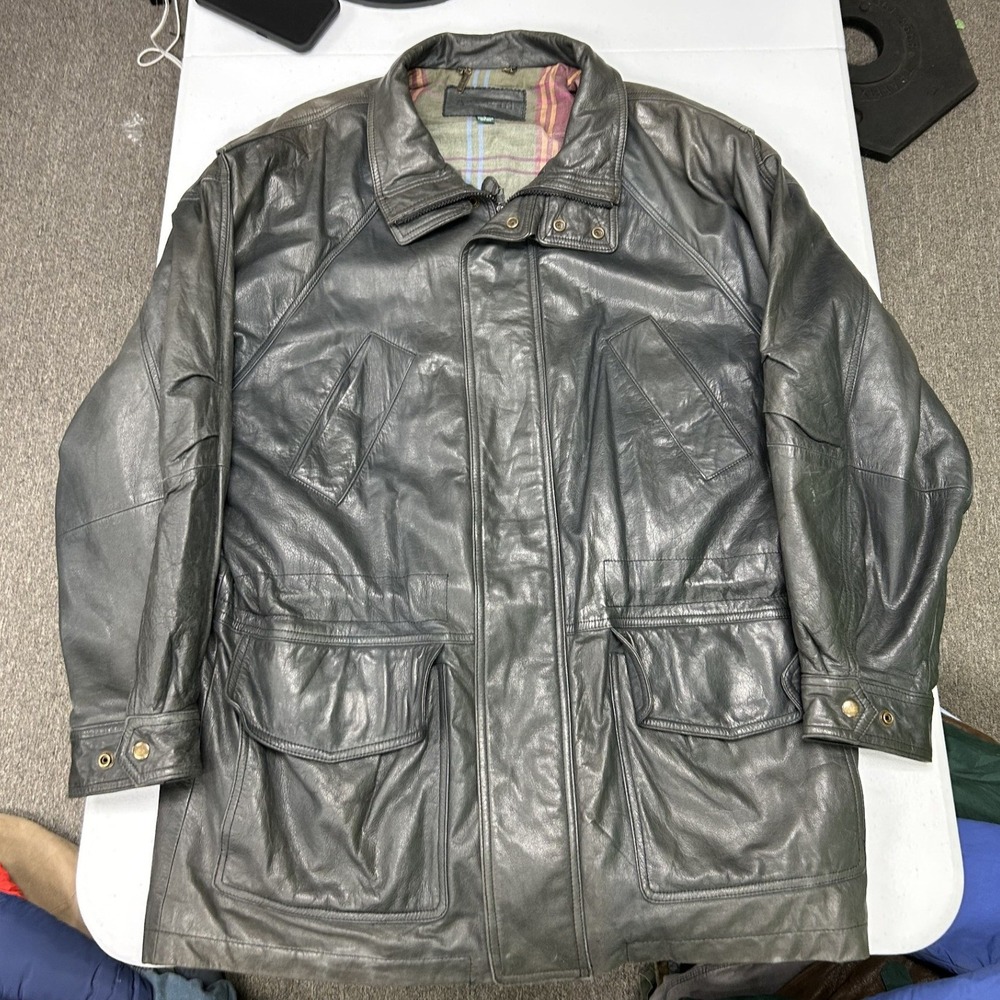 Arcadia Leather Field Jacket Mens L Grey Plaid Lined Full Zip Utility
